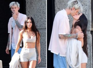 Megan Fox and Machine Gunn Kelly share a kiss; actress dons beige bustier and shorts for a motorcycle ride