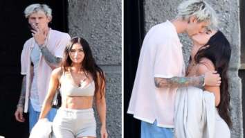 Megan Fox and Machine Gunn Kelly share a kiss; actress dons beige bustier and shorts for a motorcycle ride