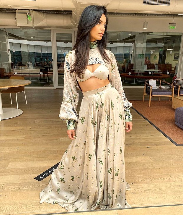 Sarah Jane Dias blends ethnic with modern elegance with satin printed pallazo paired with arm warmer and bralette worth Rs. 38,900