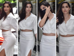 Nora Fatehi mesmerizes in all-white look; dons crop top, high waist skirt, pumps and sling bag
