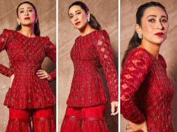 Karisma Kapoor looks fiery in red embroidered sharara and peplum style kurta set for Indian Idol appearance