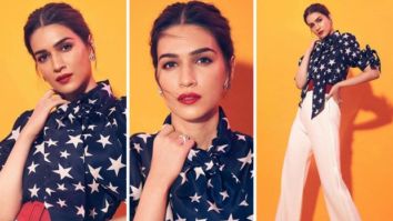 Kriti Sanon dons printed shirt and high waisted pants by Naeem Khan for Mimi promotions