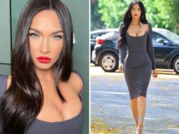 Megan Fox hops onto regencycore fashion with modern corset figure-hugging ash grey dress by Alex Perry paired with strappy stilettos