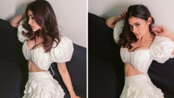 Mouni Roy is a vision in all white, dons balloon sleeve crop top and high-waisted ruffled skirt