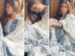 Mouni Roy looks elegant as ever in block printed blue and white sharara worth Rs. 7,850