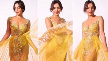 Neha Sharma looks opulent in yellow embellished semi-sheer gown with long trail