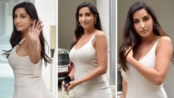 Nora Fatehi steps out in beige bodycon dress with a mini handbag