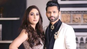 Rahul Vaidya keeps it sharp in black and white suit, Disha Parmar dons shimmery sareer from Dolly J studio for their wedding reception