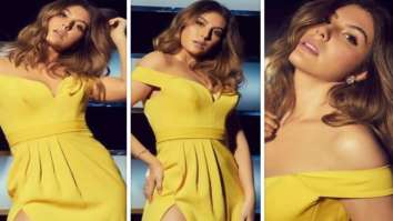 Sacred Games actress Elnaaz Norouzi is a smokestorm in off-shoulder yellow thigh-high slit dress Chutzpah promotions on Indian Idol