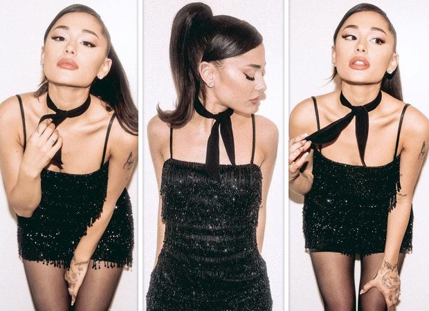 Ariana Grande stuns in a mini black dress with glitter details, stockings  and signature high pony tail : Bollywood News - Bollywood Hungama