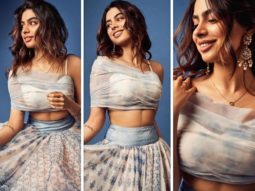 Khushi Kapoor looks resplendent in a blue and white floral lehenga worth Rs. 95,000 from Anita Dongre