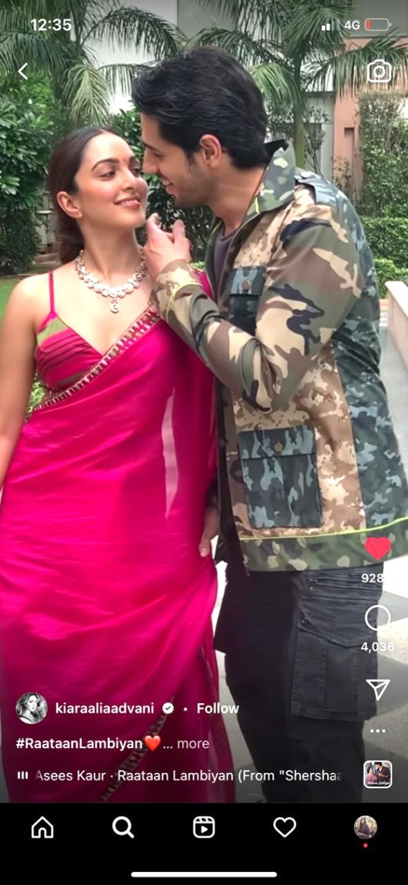 Kiara Advani and Sidharth Malhotra get romantic as they recreate the song Raataan Lambiyaan from Shershaah for a reel