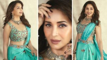 Madhuri Dixit looks gorgeous in a Turquoise pre-draped saree from Punit Balana worth Rs.35,500