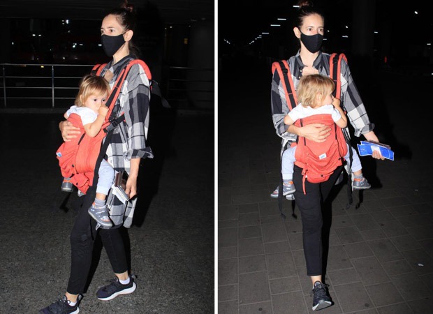 Kalki Koechlin sports a casual look as she arrives at the airport with her daughter Sappho