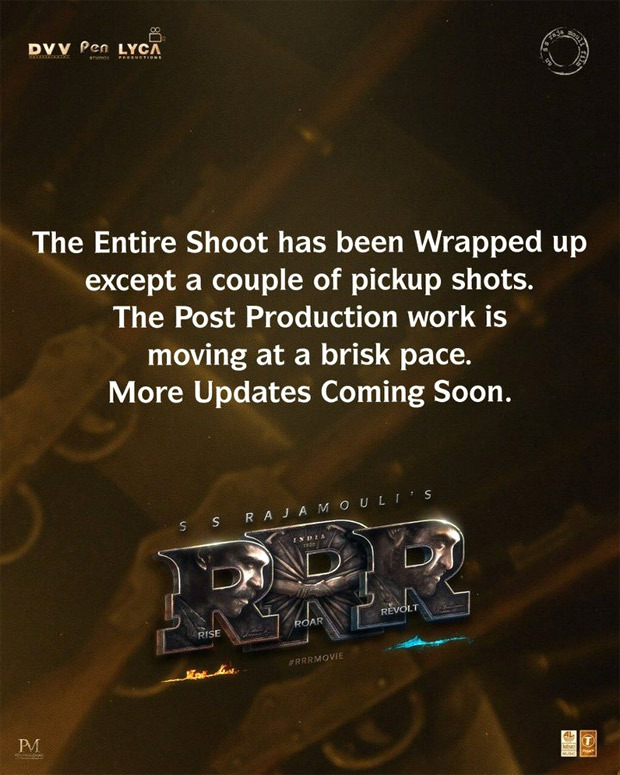 Makers of RRR announce wrap up of the shoot with post production work happening at a brisk pace