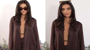 Amy Jackson makes a statement in unbuttoned brown satin shirt from Jacquemus worth Rs. 37,000