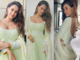 Disha Patani is a desi queen in a heavily embroidered Abu Jani and Sandeep creation with a popping neon green overlay