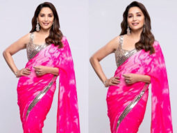 Madhuri Dixit is an absolute beauty in a bright pink tie dye saree with mirror work details