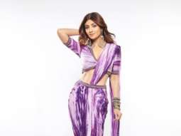 Shilpa Shetty looks stuns in a stunning purple tie & dye pre-stitch saree