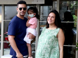 Snapped: Neha Dhupia and Angad Bedi with their daughter at a cafe in Bandra, Mumbai
