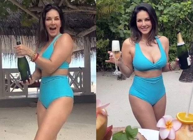 Sunny Leone raises the temperature in a blue and peach bikinis on the beach  in Maldives : Bollywood News - Bollywood Hungama