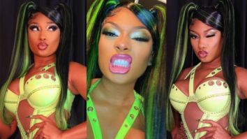 Megan Thee Stallion turns up the heat in a bold cut-out neon green bodysuit for her performance at a music festival in Delaware
