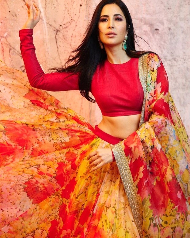 Katrina Kaif looks majestic in red floral lehenga by Sabyasachi for Sooryavanshi promotions
