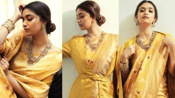 Keerthy Suresh stuns in mustard color resham work saree styled with jacket worth Rs. 38,990