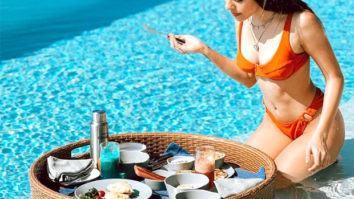 Alaya F enjoys floating breakfast in the pool in orange bikini in Maldives 