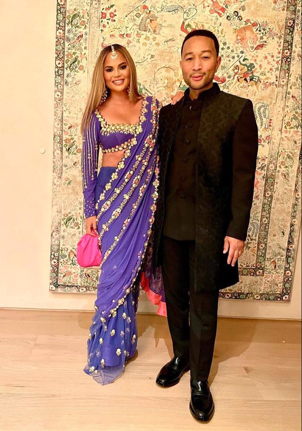 Chrissy Teigen sparkles on Diwali in a saree from Indian label Papa Don’t Preach for Priyanka Chopra's party 