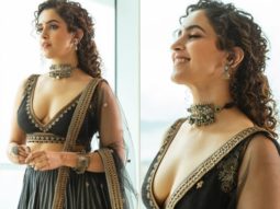 Sanya Malhotra looks breathtaking printed black lehenga with plunging neckline blouse for Meenakshi Sundareshwar promotions