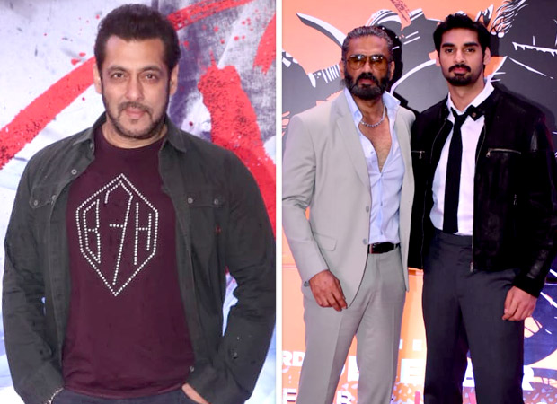 Salman Khan kisses Ahan Shetty's poster at the premiere of Tadap; Suniel Shetty hugs him