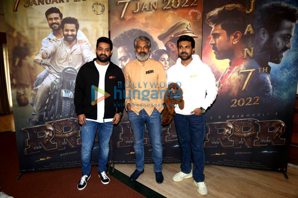 Photos: Jr NTR, Ram Charan and S.S Rajamouli snapped during the promotions of RRR in Andheri