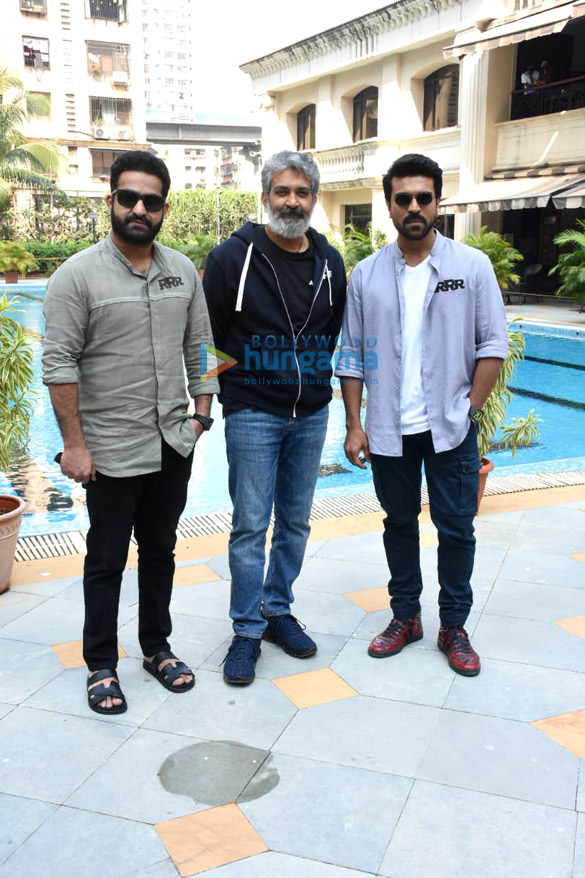 Photos: Jr NTR, Ram Charan and S.S Rajamouli spotted promoting RRR in Mumbai