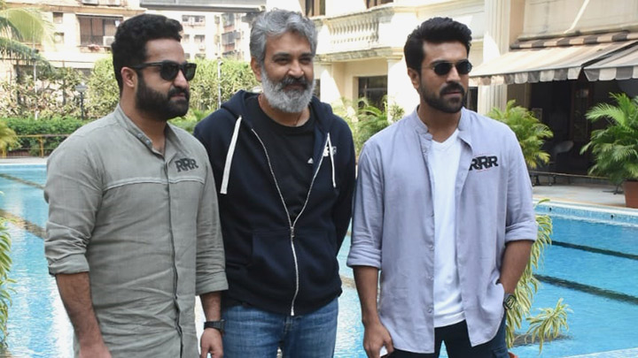 Spotted: Ram Charan, Jr. NTR and SS Rajamouli promoting RRR