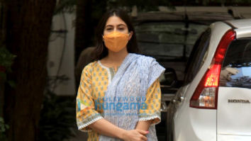 Photos: Sara Ali Khan snapped in a yellow and grey suit at a dubbing studio in Juhu