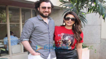 Photos: Shama Sikander spotted in the city looking chic in black leather pants and a red T-shirt as she posed with her fiance James Milliron