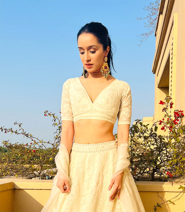 Shraddha Kapoor looks alluring in plunging neckline blouse and ivory lehenga by Anita Dongre worth Rs. 1.9 lakh for Luv Ranjan's wedding 