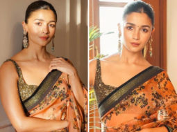 Alia Bhatt is all about elegance in Sabyasachi Mukherjee’s peach organza saree as she promotes RRR in Delhi with SS Rajamouli, Ram Charan and Jr. NTR