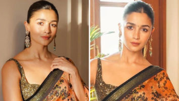 Alia Bhatt is all about elegance in Sabyasachi Mukherjee’s peach organza saree as she promotes RRR in Delhi with SS Rajamouli, Ram Charan and Jr. NTR