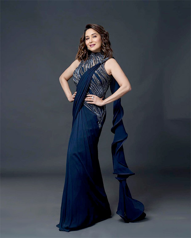 Madhuri Dixit Looks Ethereal In Shimmery Blue Ruffled Saree And Halter Neck Blouse Worth Rs 11 3778