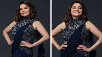 Madhuri Dixit looks ethereal in shimmery blue ruffled saree and halter-neck blouse worth Rs. 1.1 lakh by Gaurav Gupta