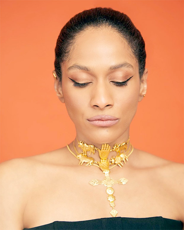 Masaba Gupta adds a dramatic twist to her all-black corset and skirt ensemble by accessorising it with gold jewellery Masaba Gupta adds a dramatic twist to her all-black corset and skirt ensemble by accessorising it with gold jewellery