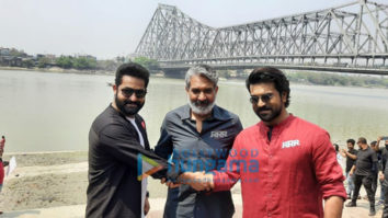 Photos: RRR actors Ram Charan and Jr NTR along with director SS Rajamouli visit the Howrah Bridge in West Bengal