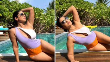 Sunny Leone relaxes at swimming pool in a multicoloured cut-out monokini in Maldives