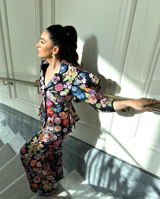 Take summer style cues from Karisma Kapoor for colourful embroidered Rahul Mishra pantsuit with dramatic shoulders