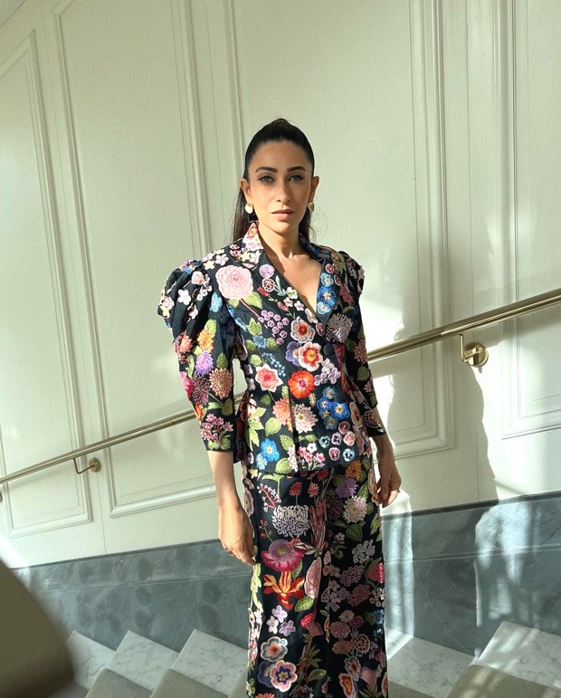 Take summer style cues from Karisma Kapoor for colourful embroidered Rahul Mishra pantsuit with dramatic shoulders