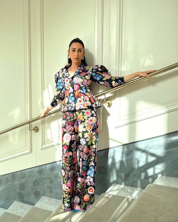 Take summer style cues from Karisma Kapoor for colourful embroidered Rahul Mishra pantsuit with dramatic shoulders