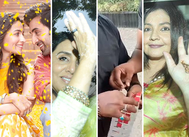Trending Bollywood Pics: From team Brahmastra wishing Ranbir Kapoor and Alia Bhatt for their wedding, to groom to be Ranbir’s mother Neetu Kapoor celebrating 43 years of engagement, to Riddhima Kapoor Sahni, Rima Jain and others arriving for pre-wedding functions, to security covering phone camera lenses at the wedding venue, to Pooja Bhatt flaunting her mehandi, here are today’s top trending entertainment images