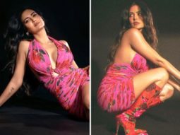 Esha Gupta aces the floral game in Magda Butrym’s fuchsia floral halter neck dress and pointed toe knee high floral boots worth Rs. 96,036
